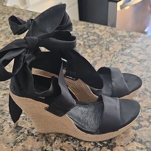 UGG Black Espadrille Wedge Sandals with Ankle Wrap